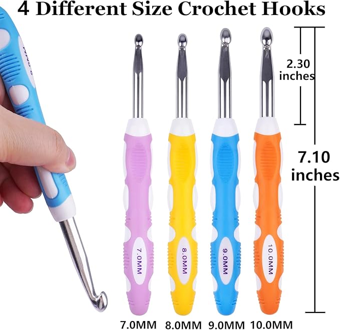 Large Crochet Hooks 4 pcs Ergonomic Non-Slip Rubber Handle Crochet for Arthritic Hands,7mm 8mm 9mm 10mm Extra Long Crochet Hooks Needles DIY Yarn Crocheting Tools