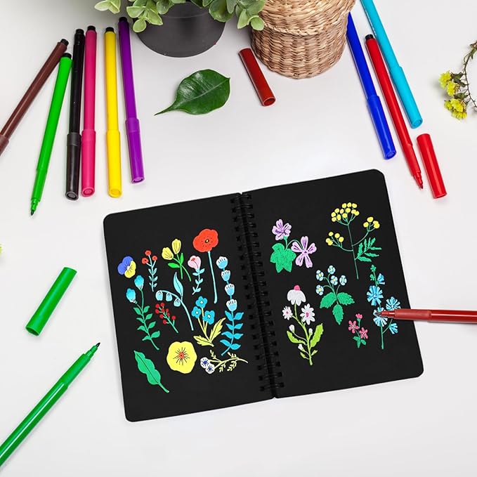 5" x 7" Premium Black Paper Mixed Media Sketchbook, Spiral Bound Art Journal Sketchbook, 70 Sheets 110 GSM Acid-Free Drawing Black Paper for Adults Beginners Artists.Black