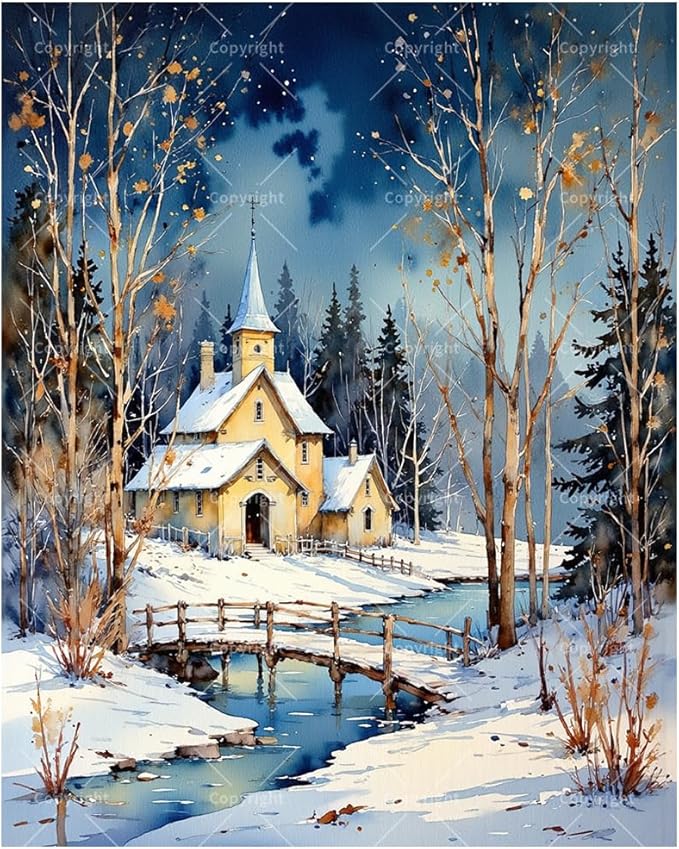 Winter Landscape Paint by Numbers Kit for Adults - DIY Snowy Church and Bridge Painting on Canvas, Acrylic Paint Set, Suitable for Beginners, Art for Home Decoration or Gifts(12X16IN Framed)