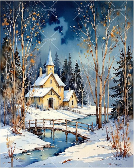 Winter Landscape Paint by Numbers Kit for Adults - DIY Snowy Church and Bridge Painting on Canvas 16x20In, Acrylic Paint Set, Suitable for Beginners, Art for Home Decoration or Gifts