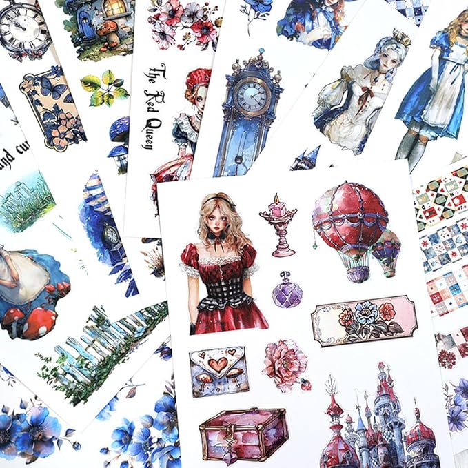 Dwpetzo Vintage Alice's Journey Pre-Cut Journal Sticker Book for Junk Journaling, Dual PET and Writing Paper Materials, Collage Stickers for Scrapbooking Supplies, Planner, Bujo, A5, 20 Sheets