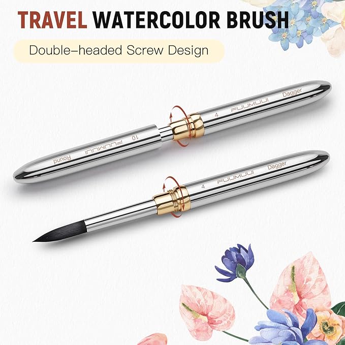 Fuumuui 3pcs Dual-Tip Travel Watercolor Brushes with 6 Versatile Tip Styles, Premium Synthetic Squirrel Hair Travel Paint Brush Set for Plein Air Painting - Watercolor Acrylic Gouache Ink