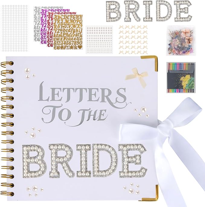 SnowCow 452 PCS Letters to The Bride Scrapbook Kit, 8.3 x 8.3 Inch Wedding Memory Book with Pen, Pearl Stickers, Metallic Letters, Bows for Bridal Shower Guest Book DIY