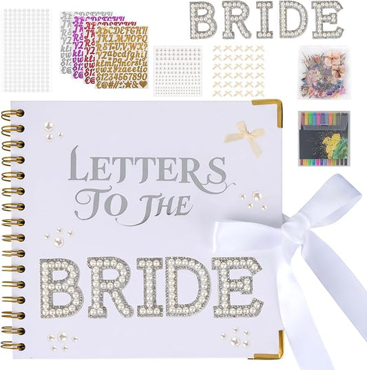 SnowCow 452 PCS Letters to The Bride Scrapbook Kit, 8.3 x 8.3 Inch Wedding Memory Book with Pen, Pearl Stickers, Metallic Letters, Bows for Bridal Shower Guest Book DIY