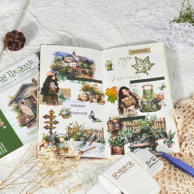Garden Journal Stickers for Junk Journal Supplies, 50 Sheets Precut Watercolor Washi Sticker Book for Journaling, Scrapbooking, Bujo, Card Making, Art Crafts, Adults