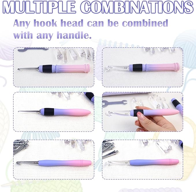 Lewhoo 18 Size Interchangeable Crochet Hooks 2.0mm(B)-14.0mm(P), Ergonomic Crochet Hooks Set for Beginner with 3 Spiral Handles, Gradient Purple