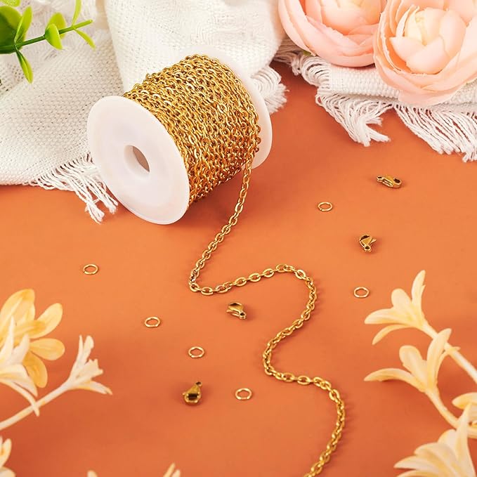 Sparkeads 5M Golden Chain for Jewelry Making,Stainless Steel Chain,Gold Link Necklaces for Women,Cable Chain Bracelet Chains for Bracelet DIY Chain Earring Craft Supplies Jewelry Making,4x3x0.6mm
