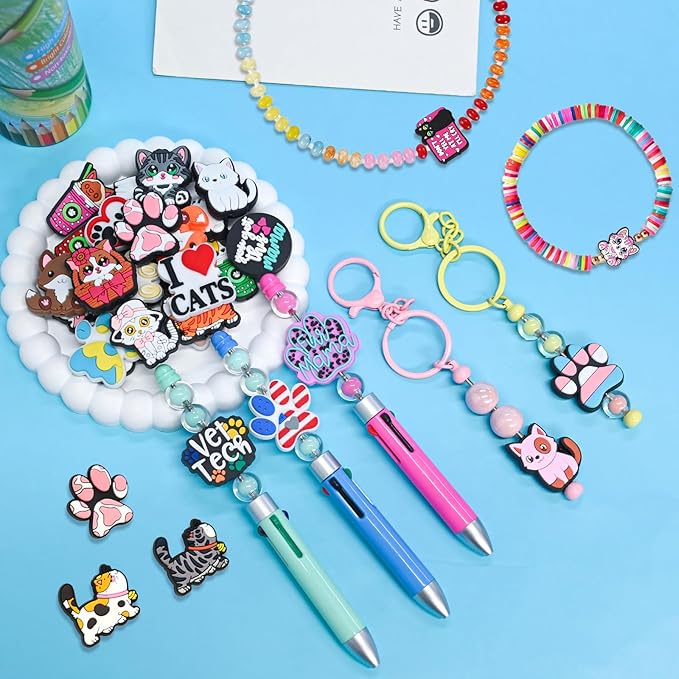 Silicone Focal Beads for Pens Cat Accessory Kit 60 Pcs Colorful Round Beads for Keychain Making Bracelet Necklace Handmade Crafts