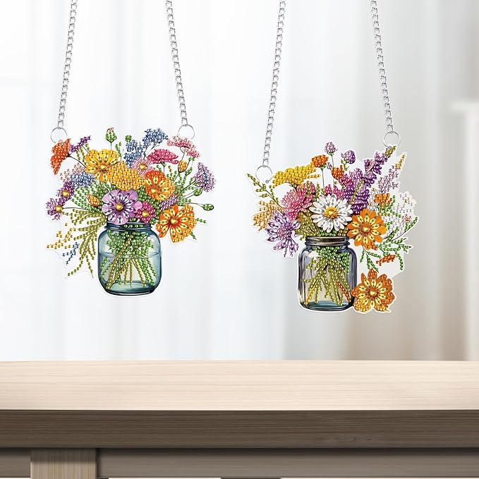 2 Pcs 5D DIY Diamond Painting Hanging Ornaments, Floral Bouquet Jar Design, Special Shaped Acrylic Diamond Art Suncatchers for Window or Wall Decor
