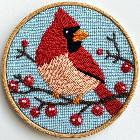 DIY Punch Needle Kits for Beginners Red Cardinal Bird on Red Berry Tree with Hoop Punch Needle Starter Craft Embroidery Set Easy for Adults and Children Festival Gift and Decoration 20x20cm-3