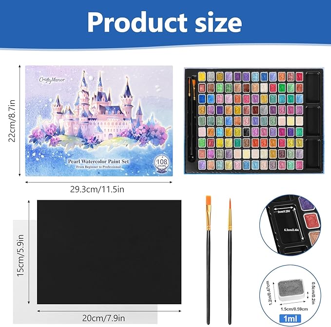 Mini Glitter Watercolor Paint Set with Paper, 108 Colors Shimmer Metallic Watercolour Painting Sets, Solid Pearl Water Color Paints, 1ml Trial Package(1ml 108 Colors)