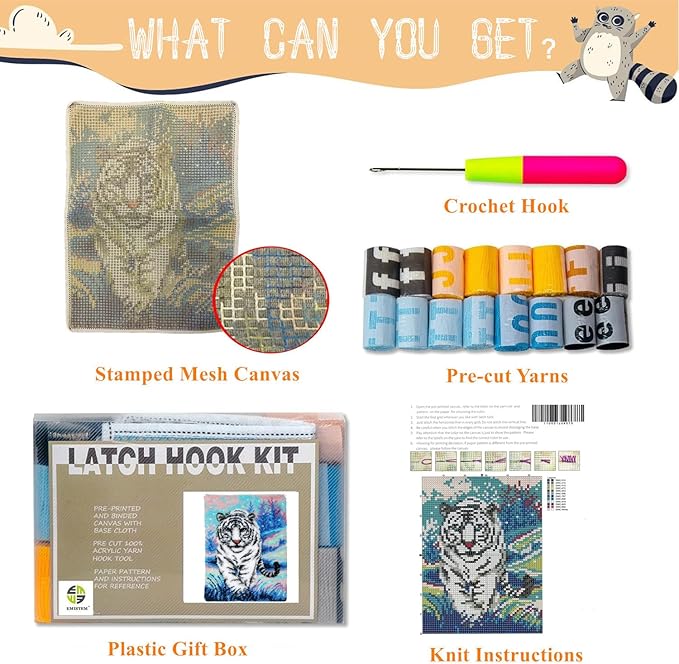 EMISTEM Latch Hook Kits for Adults - DIY Latch Hook Rug Kits, Crochet Kit for Beginners, Rug Making Kits with Printed Canvas, Gift Packaging.(White Tiger Walking on Snow, 20x15)