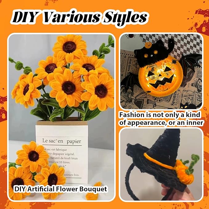 200 Pcs Black & Yellow Thick Pipe Cleaners Craft Supplies for Floral Bonquet DIY Flower Making Kit for Starter with Floral Wires, Gardening Tape,Stamen Gift Wrapping Party Decor
