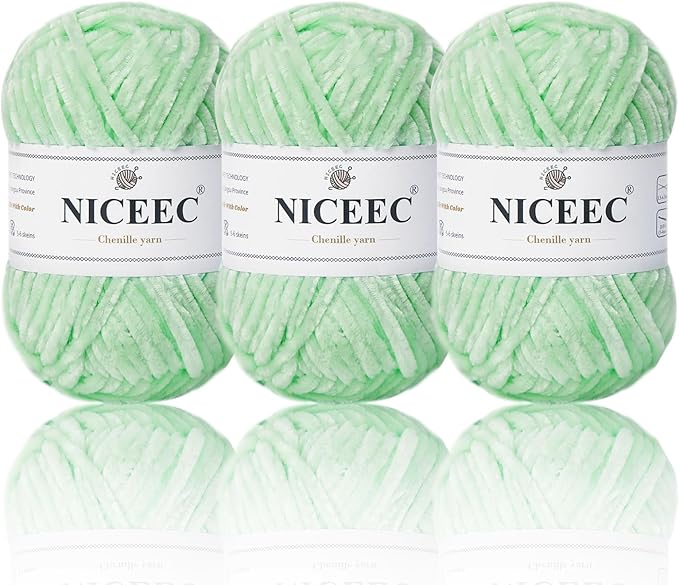 NICEEC 3 Skeins Soft Chenille Yarn Blanket Yarn for Knitting Fancy Yarn for Crochet Weaving DIY Craft Total Length 3×85m (3×93yds, 3×50g)_Light Green
