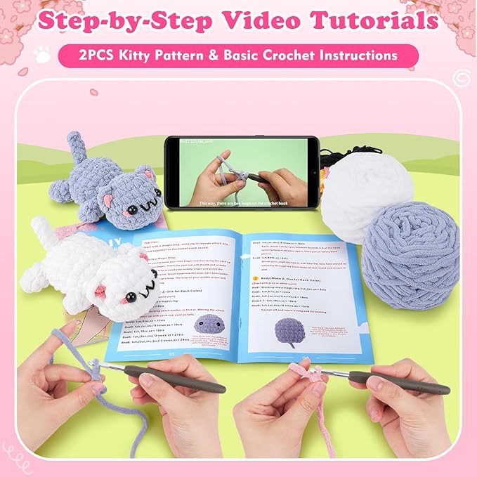 Crochet Kit for Beginners-2PCS Kitty Crochet Kit with Step-by-Step Video Tutorials, Crochet Starter Kit for Adults, Learn to Crochet Cats, Beginner Crocheting Kit Easy Peasy Yarn Gifts for Birthday