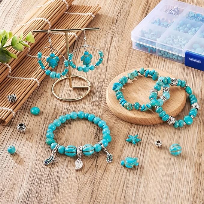 FASHEWELRY Turquoise Bead Bracelet Making Kit Green Stone Beads in Round, Flat Round, Rondelle, Cross, Turtle, Starfish, Chip Shape & Tibetan European Beads & Dangle Charms for Bohemian Jewelry