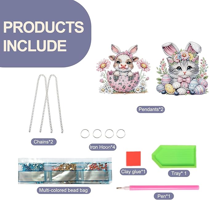 TDFERAN 2 Set Hanging Diamond Art Painting Kit Easter Ornament Cat Cow Painting Pendant Animal Diamond Gem Kits Ornament Kit for Adults DIY Acrylic Crystal Board Painting