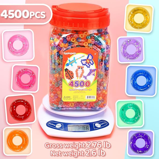 2.5 lb wholesale large pony beads (6x9 mm) bucket, easy storage glitter beads bulk, over 4500 pony bead for jewelry making, crafts (glitter)