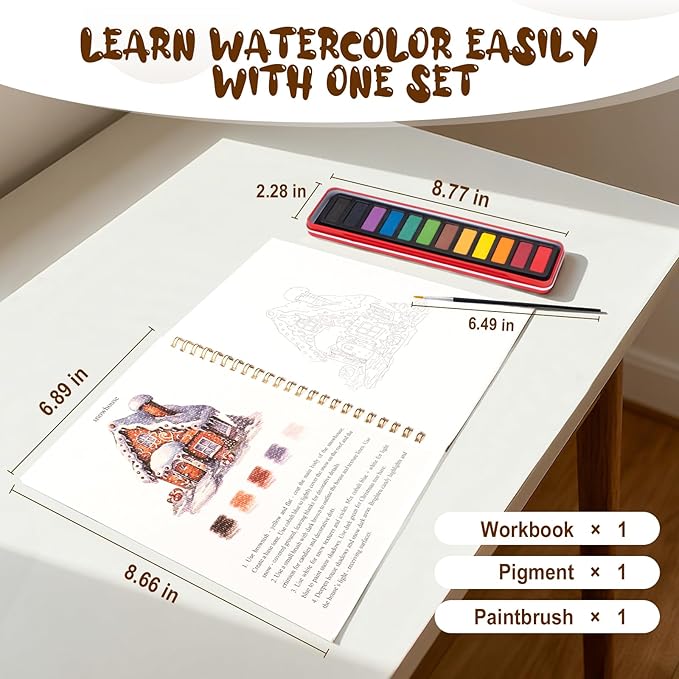 Christmas Watercolor Workbook for Adults, Beginner Friendly Watercolor Painting Kit Winter Water Coloring Book, Nature-Themed Practice Art Gift Water Color Paint Book with Palette and Brush