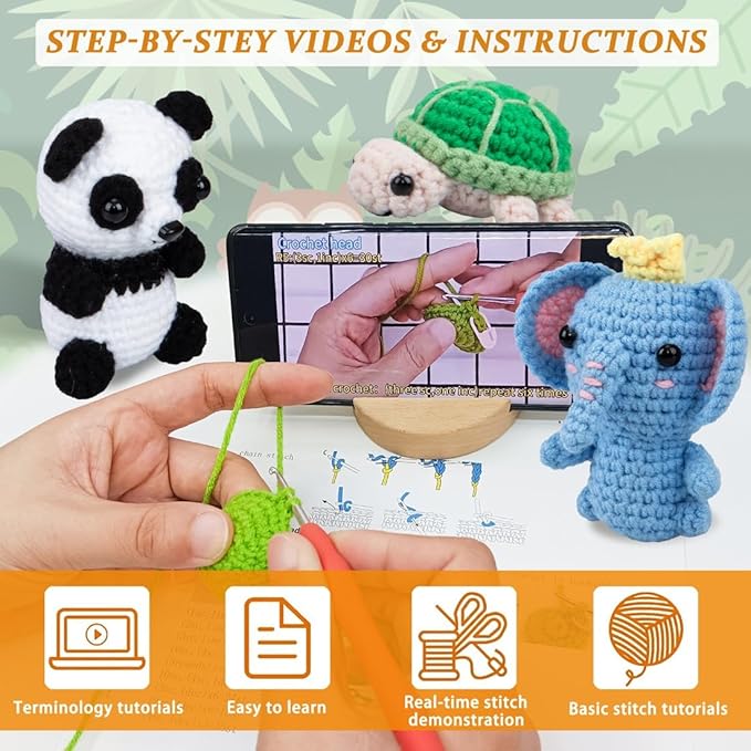 Crochet Animal Kit – 6 PCS Crochet Kit for Beginners, Knitting Kit with Step by Step Videos, Yarn, Crochet Hook, Knitting Kit for Beginners, Great Birthday Holiday Gift (Crochet 2)