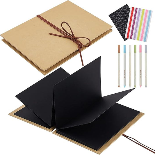 Scrapbook Album 6x8 Inch Small Photo Album with DIY Accessories Set, Stretchable Folding Kraft Paper Memory Book for Wedding Anniversary (Black)
