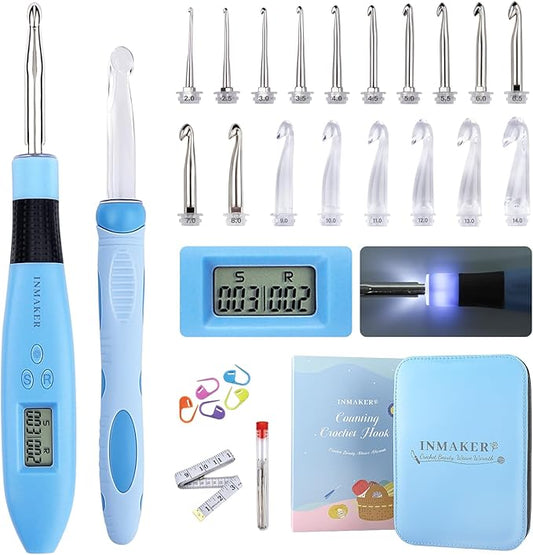 inmaker light up crochet hooks ergonomic soft grip, large counting crochet hook set digital, lighted crochet needles kit with case