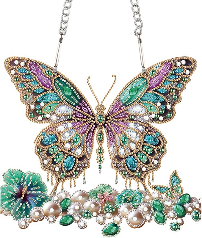 JZHYOAN Butterfly Diamond Art Hanging Kit DIY Hanging Diamonds Craft Ornament Diamond Painting Decorative Sign Wind Chimes with Diamonds Art Window Pendant Acrylic Pendants Crystal Arts Pendant