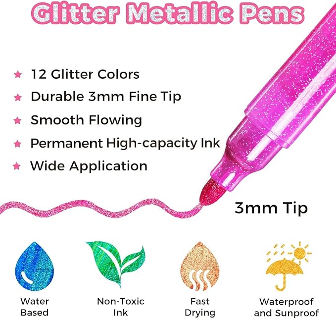 Ohuhu Glitter Markers Pen: 12 Glitter Colors Metallic Shimmer Marker Round Tip Water-based Ink for Kids Adults DIY Crafts Greeting Birthday Cards Making Mugs Wood Medium Tip 3.0mm