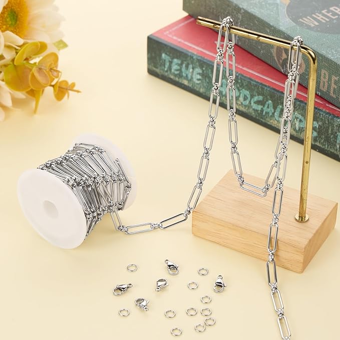 Jabogrii 6.5 Feet Silver Paperclip Chain for Jewelry Making DIY Craft Stainless Steel Jewelry Making Chains Spool Bulk