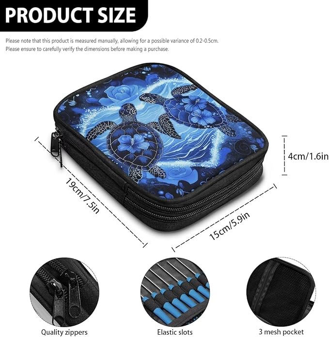 Hechitok Turtle Blue Crochet Hook Case, Organizer Zipper Bag with Web Pockets for Various Crochet Needles and Knitting Accessories, Well Made and Easy to Carry