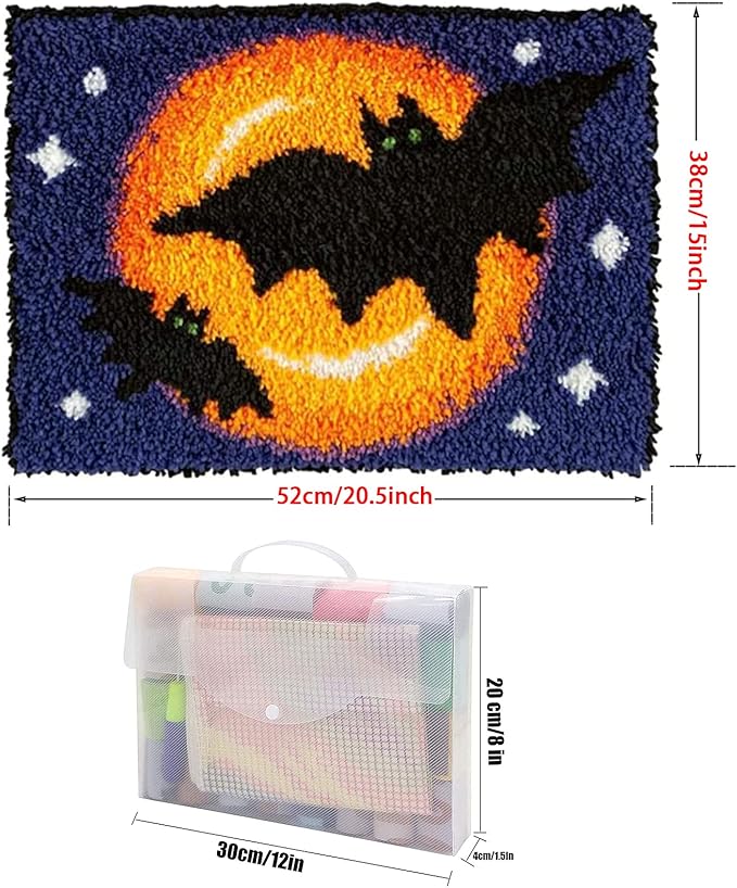 ZFFLYH Halloween Latch Hook Kits Rug for Adults Beginner, DIY Crochet Yarn Kits Anti Slip Base Fabric with Printed Canvas Mat Tapestry Needlework Sets 20" X 15,Halloween bat