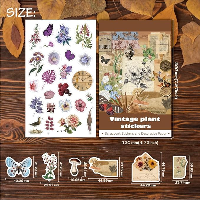 347Pcs Journaling Stickers and 20 Sheets Scrapbook Paper, Vintage Scrapbooking Kit, Plant Flower Butterfly Background Ephemera for Junk Journal Supplies, Planners, Bujo, Collage Art
