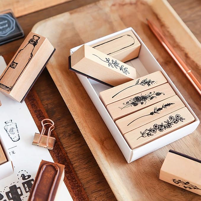 UCEC Wooden Plant Patterns Rubber Stamp, Plant and Flower Decorative Vintage Wooden Rubber Stamp Set for DIY Craft Card Scrapbooking Supplies Photo Album, Hand Book, Planner, Scrapbooking, 7Pcs