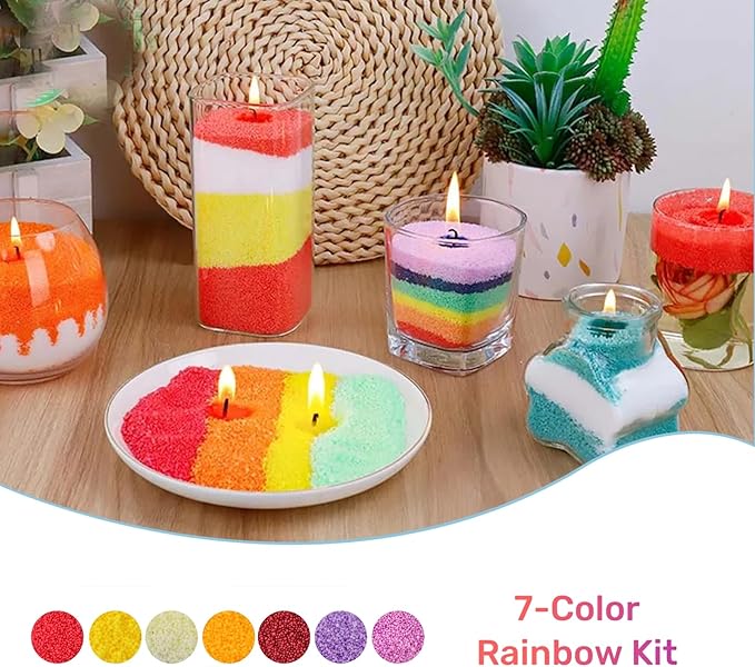 7-Color Pearled Candle Sand Set 12.35oz Colorful Sand Candle Wax with 50pcs Wicks & Candle Trays Refillable Unscented Candle Making Sand Wax for Home Décor, Handcraft and Gifting (7-Color Set A)