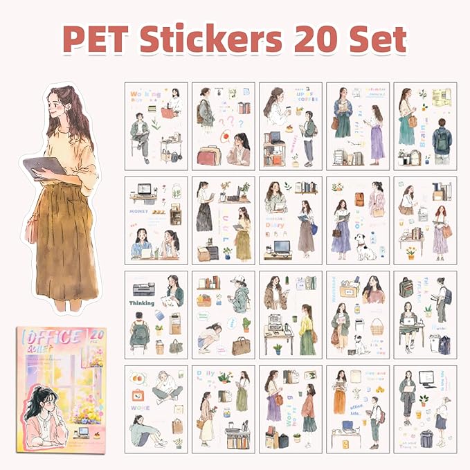 Quiet Office Sticker Scrapbooking Supplies for Junk Journal, 20 Sheets PET Stickers - Vintage Journaling Stickers, Ephemera Sticker Book Pre Cut(TZ-009-008)