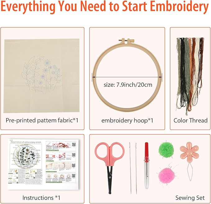 JOINRUN Embroidery Kit for Beginners Adults, Cross Stitch Kits, Includes Embroidery Patterns, Color Threads, Full Range Accessories, Easy to Follow Instruction and Video (Flower)