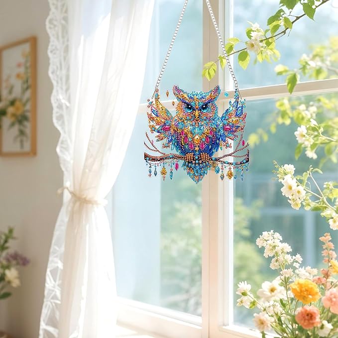 Lxmsja DIY Beautiful Owl Diamond Painting Hanging Ornament, Double-Sided Acrylic Ornate Branch Diamond Art Kit, Special Shaped Suncatcher Hanging Pendant Window Art Kit