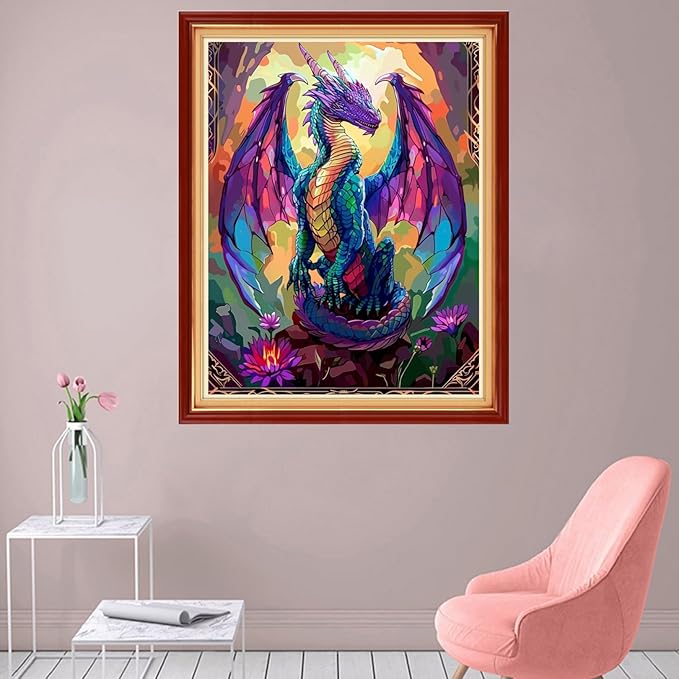 foxhool stamped cross stitch kits,11ct printed cross stitch pattern full embroidery kits for beginner needlepoint kits-colorful dragon flowers 16x20 inch