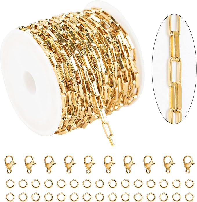 KYUNHOO 16.4 Feet/5M Gold Plated Box Chain Bulk Stainless Steel Jewelry Making Chains 3MM Thin Square Link Jewelry Chains for Necklace Bracelet DIY with Jump Rings and Lobster Claps