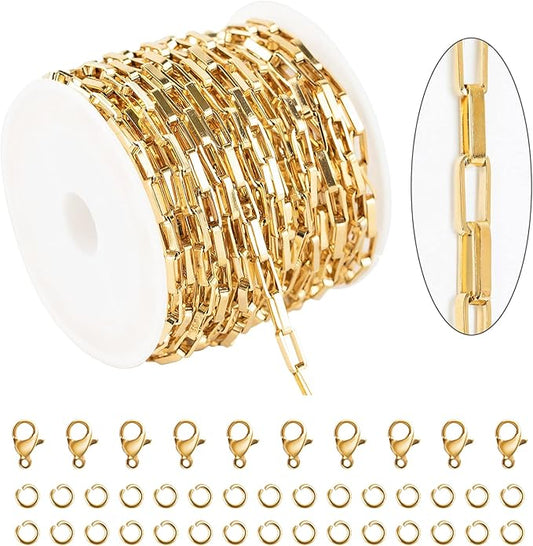 KYUNHOO 16.4 Feet/5M Gold Plated Box Chain Bulk Stainless Steel Jewelry Making Chains 3MM Thin Square Link Jewelry Chains for Necklace Bracelet DIY with Jump Rings and Lobster Claps