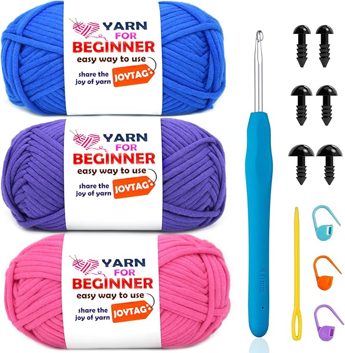 3 Pack Beginners Crochet Kit - Dark Blue, Purple, Hot Pink Cotton-Nylon Blend Yarn for Crocheting & Knitting with Easy-to-see Stitches (3x50g)