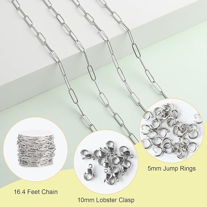 SMYHTGLIF 16.4 Feet Silver Stainless Steel Jewelry Making Chains Oval Paperclip Soldered DIY Necklace Bracelet Chain with Lobster Clasps and Open Jump Rings for Jewelry Making