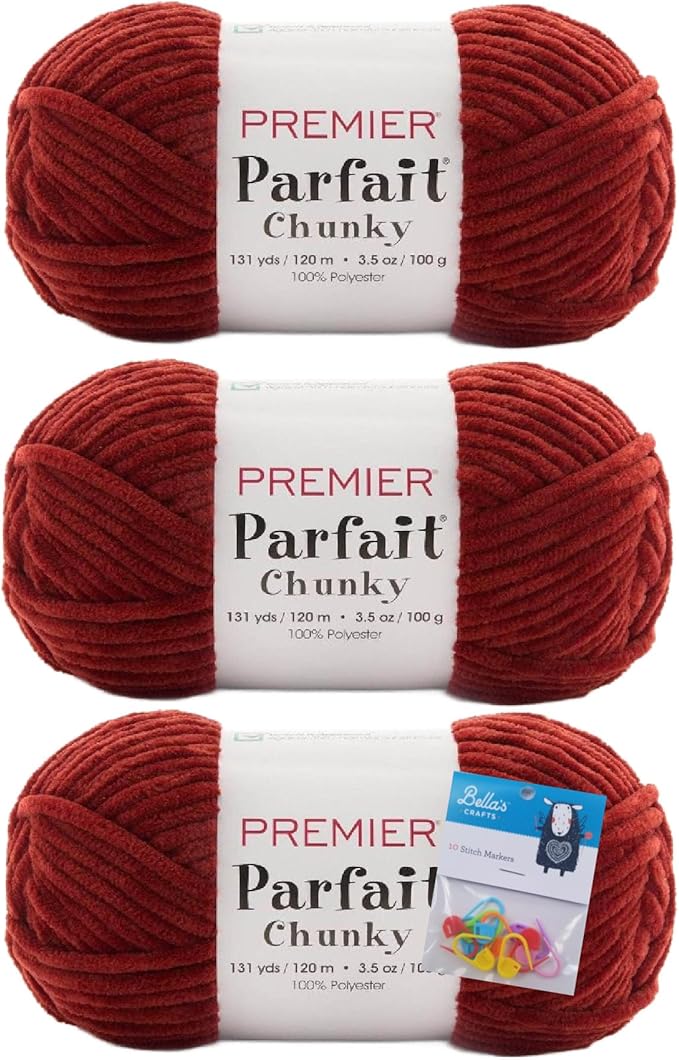 Premier Yarns Parfait Chunky Chenille Yarn 3.5 Oz 6 Super Bulky Weight 3 Pack Bundle with Bella's Stitch Place Holders (Harvest)