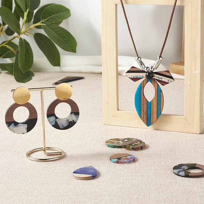 Beadthoven 16pcs/8 Pairs Colorful Ethnic Natural Wood Resin Charms DIY Earrings Pendants Mixed Shapes Wooden Pieces Pendants for Statement Jewelry Making Findings