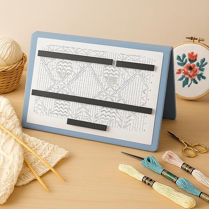 Flutesan 1 Pcs Dusty Blue Knitting Pattern Holder, Fold up Cross Stitch Knitting Chart Keeper with 4 Pcs Replacement Magnets, Cross Stitch Accessories Supplies, Unfolded Size 13.2 x 9 Inch