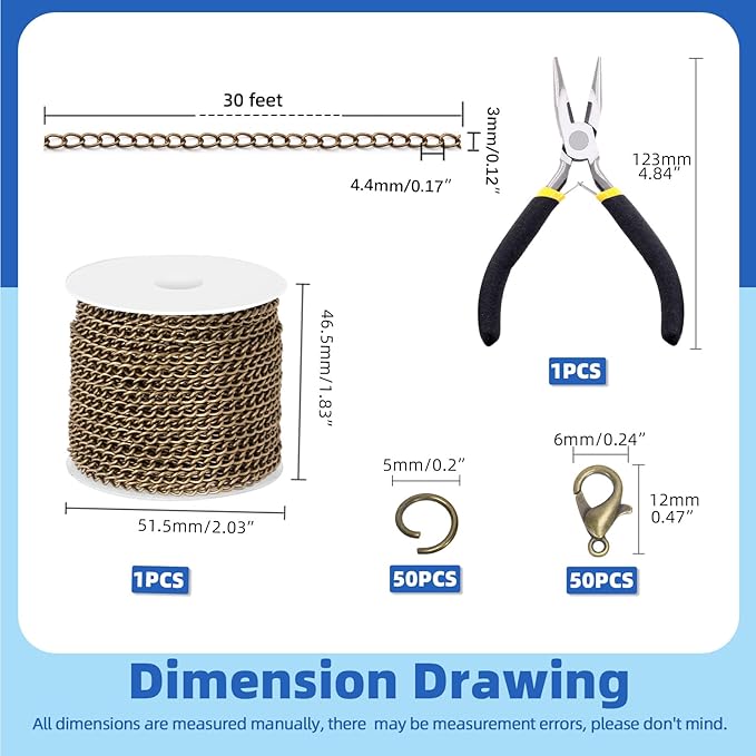 Glarks 102Pcs 30 Feet Jewelry Chains Set Ancient Bronze Cable Link Chains Link Rolls Bulk Twisted Links Chain Necklace Jewelry Making Chains with Lobster Clasps and Jump Rings