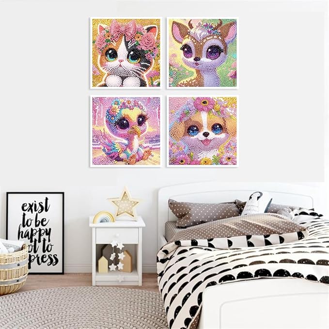 cdjlddww 4 Packs Cartoon Diamond Art Kits for Kid,5D Cute Animals Diamond Arts Mosaic Kits for Kid Beginner,DIY Full Round Drill Gem Art for Home Wall Decor Kids Present 6X6 inch(Without Frame)