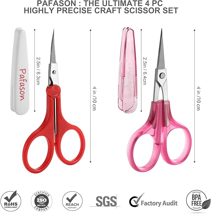 PAFASON Small Craft Scissor Set Straight Precision Fine Tip All Purpose for Scrapbooking Quilting Sewing Knitting Embroidery Cross Stitch Crochet Thread Yarn Paper Fabric Detail Cutting, Safety Case