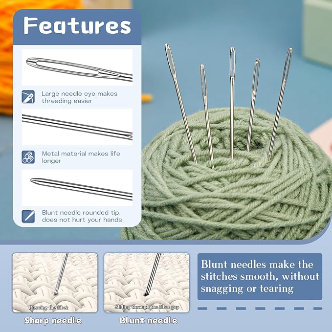 TLKKUE 100/40 Pcs Large-Eye Blunt Needles, Tapestry Needle with Needle Threader Thimble, Steel Yarn Needles for Sewing Knitting Crafting Weaving Crochet Tapestry (Silver, 8 sizes/40 pcs)