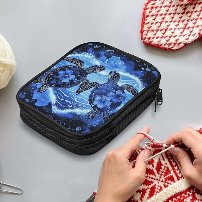 Hechitok Turtle Blue Crochet Hook Case, Organizer Zipper Bag with Web Pockets for Various Crochet Needles and Knitting Accessories, Well Made and Easy to Carry